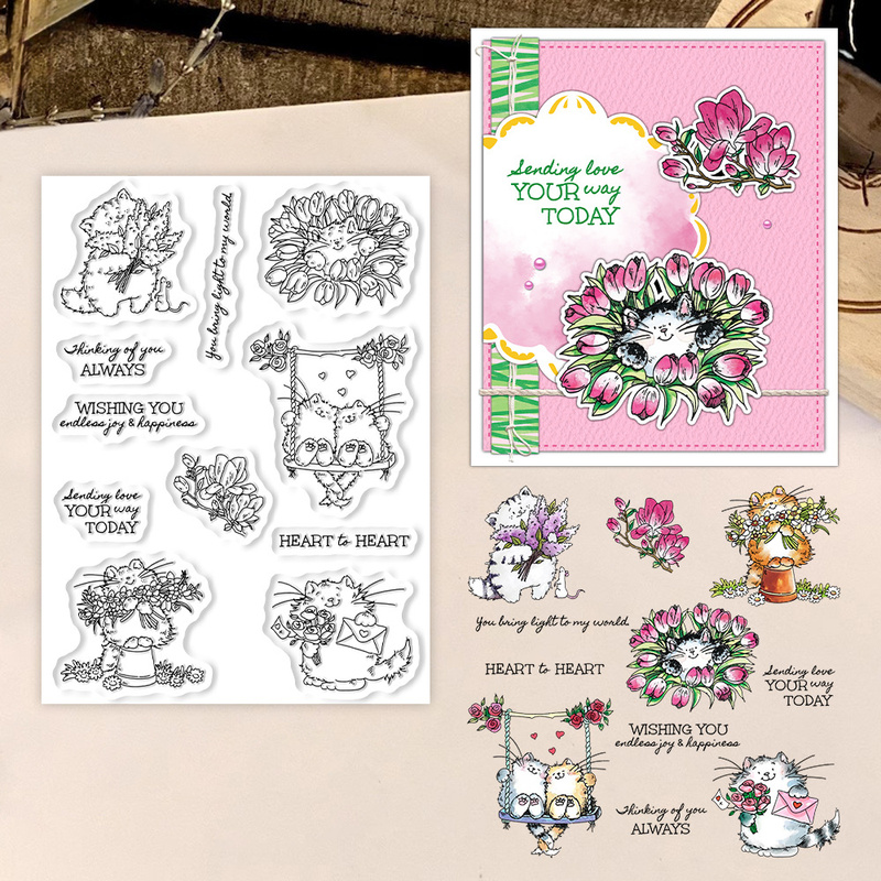 Clear Silicone Stamps For Card Making - Suncraft Schattige Katten en Bloemen Transparante